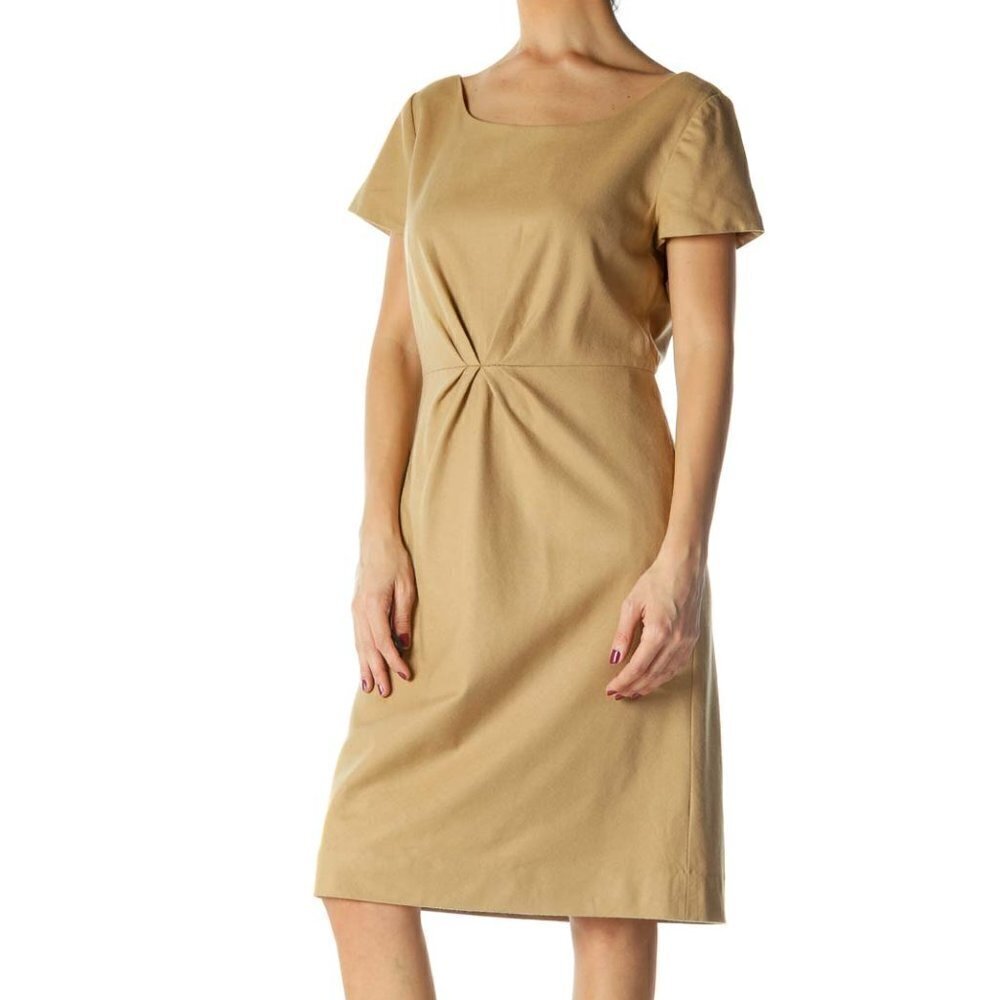 J.Crew Beige Pleated Cap Sleeve Round Neck Work Dress - Picture 2 of 3